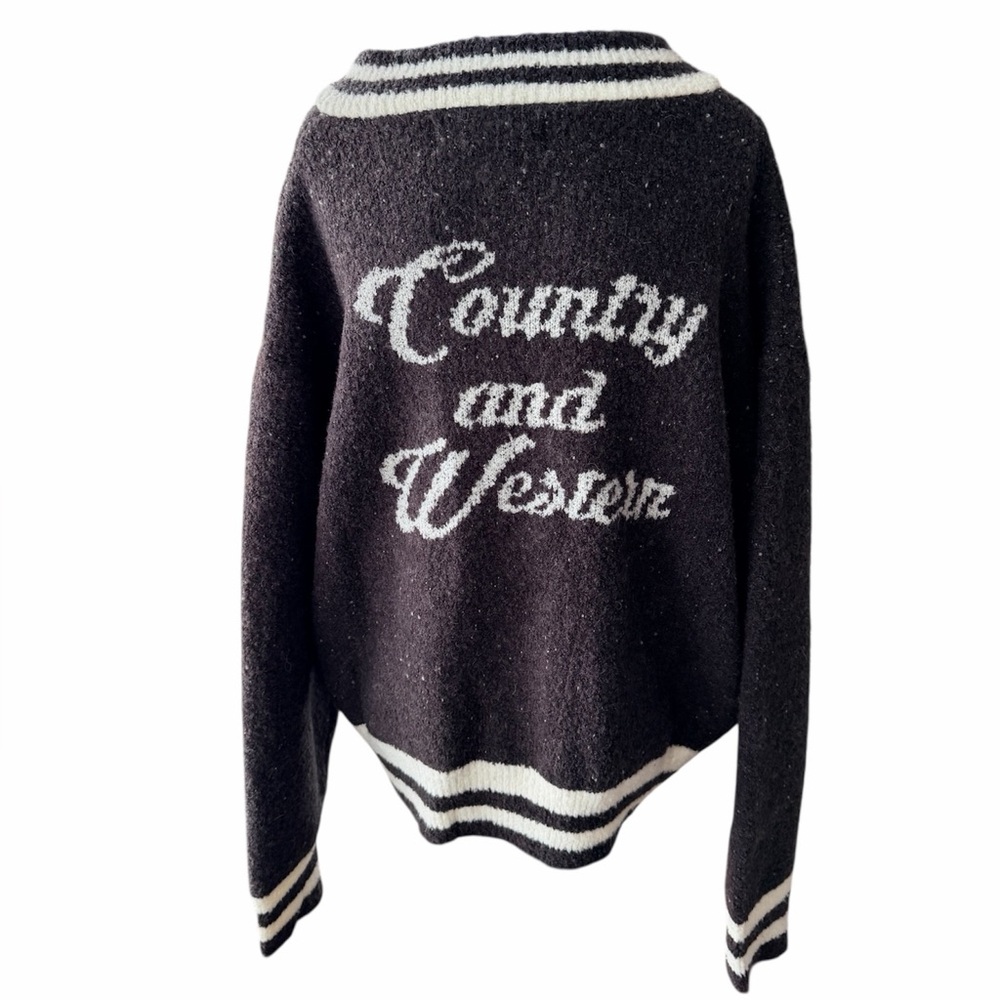 Country & Western Graphic Wool Blend Knitted Zip Up Sweater Grey Size Medium NEW